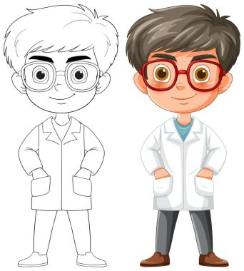 Gözlüklü ve laboratuvar önlüklü karikatür bilimcisi