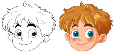 Gülümseyen bir çocuğun renkli ve özet çizilmiş versiyonları.