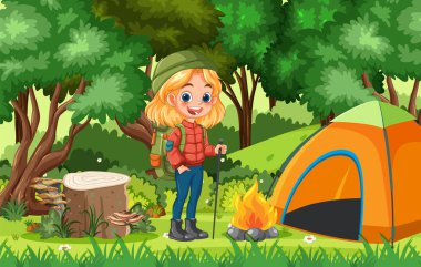 Çocuk doğada kamp yapıyor.
