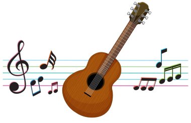 Renkli notaları ve personel satırları olan bir gitar.