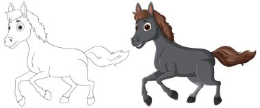 Neşeli hareketlerle renkli ve özeti çizilmiş at.