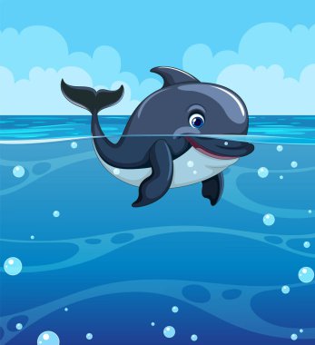 Gülümseyen yunus açık mavi okyanusta yüzüyor.