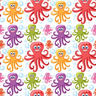 Neşeli baloncuklarla çevrili canlı ahtapotlar