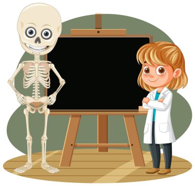 Sınıfta bir öğretmen ve iskelet tasviri