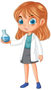 Elinde deney şişesi olan, laboratuvar önlüğü giyen bir kız.