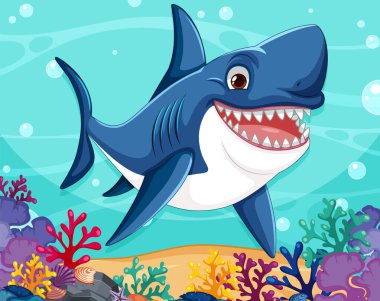 Renkli mercan resifleri arasında yüzen neşeli bir köpekbalığı