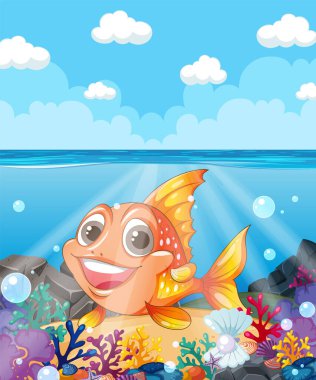 Etrafı renkli sualtı manzaralarıyla çevrili gülümseyen balıklar.