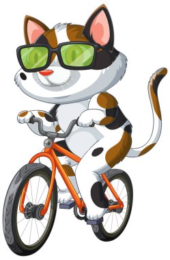 Turuncu bisiklet süren güneş gözlüğü takan bir kedi.