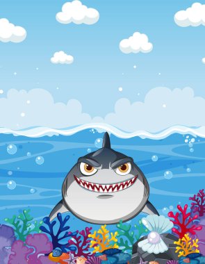 Renkli sualtı manzarasının ortasında neşeli bir köpekbalığı