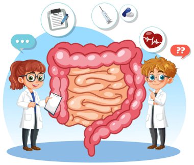 İnsanların sindirim sistemi anatomisini tartışan doktorlar