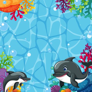 İki yunus renkli mercan resifleri arasında neşeyle yüzer.