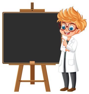 Çizgi film bilimcisi boş bir tahtayı işaret ediyor.