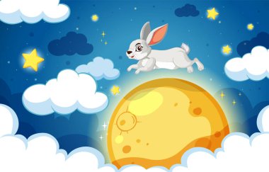 Parlayan sarı ayın üzerinden atlayan bir tavşan