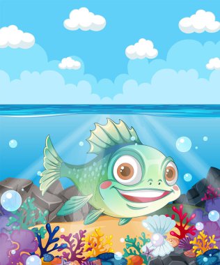 Renkli mercanlar ve kabarcıklar arasında yüzen gülümseyen balıklar