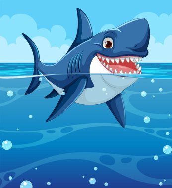 Çizgi film köpekbalığı denizde mutlu yüzüyor.