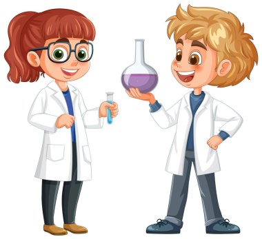 Laboratuvar ekipmanlarıyla deney yapan iki çocuk.