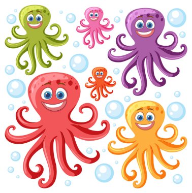 Smiling octopuses surrounded by bubbles in the sea clipart