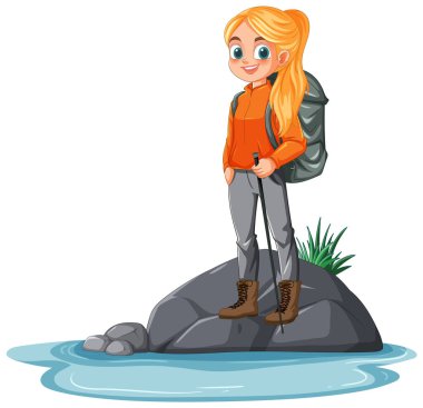 Young girl exploring nature with a backpack clipart