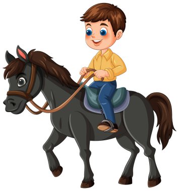 Dost canlısı siyah bir ata binen neşeli bir çocuk.