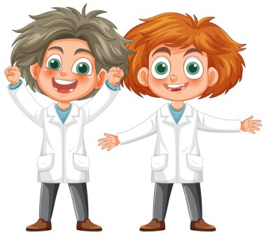 Laboratuvar önlükleriyle kutlama yapan iki karikatür bilimcisi.