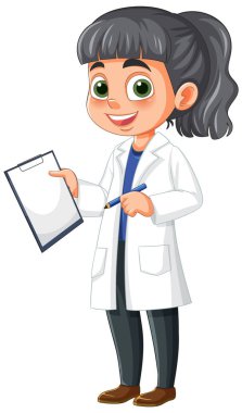 Laboratuvar önlüklü kız elinde pano tutuyordu.