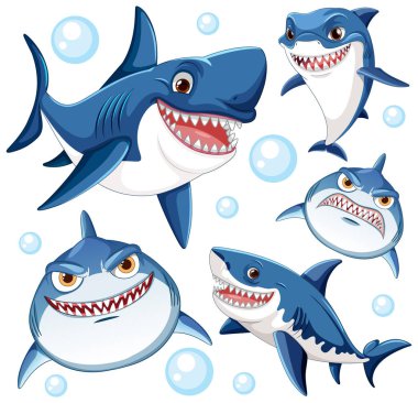 Çizgi film köpekbalıkları denizde kabarcıklarla yüzerler.