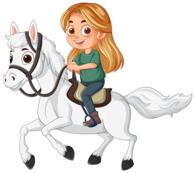 Mutlu bir çocuk beyaz bir ata biniyor