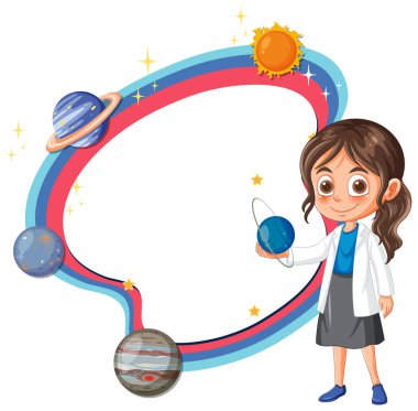 Genç bilim adamı bir gezegeni coşkuyla tutuyor.