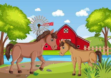 Ahırın yanında duran iki at ve güneşli çiftlik arazisinde yel değirmeni.