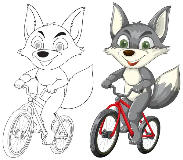 İki neşeli hayvan birlikte mutlu bir şekilde bisiklet sürüyor.