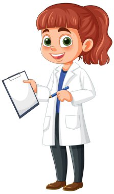 Laboratuvar önlüklü kız elinde pano tutuyordu.