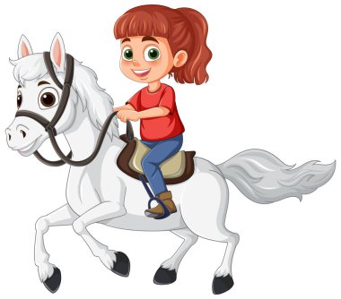 Genç kız sevinçle beyaz bir ata biniyor