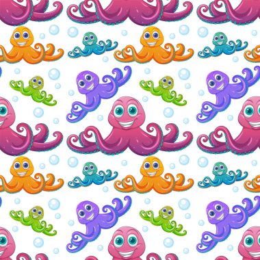 Neşeli bir şablonda kabarcıklı canlı ahtapotlar.