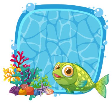 Mavi bir okyanus sahnesinde canlı balık ve mercan.