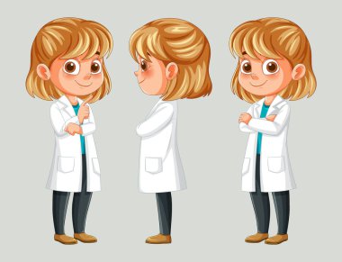 Laboratuvar önlüklü karikatür kızı, üç farklı poz.