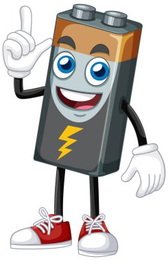 Canlı bir pil karakteri, anlamlı gözleri ve yıldırım sembolü, vektör stilinde enerji ve coşku gösteriyor.