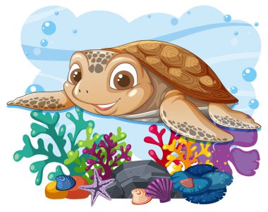 Renkli mercanların ve kabukların yanında yüzen mutlu bir kaplumbağa.