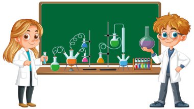 İki çocuk renkli laboratuvar ekipmanlarıyla deney yapıyor.