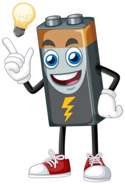 Ampulü olan canlı bir pil karakteri, oyuncu bir vektör tarzında enerji ve yaratıcılık sergiliyor.