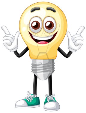 Gülümseyen bir ampul karakterinin canlı bir temsili. İfade eden gözleri ve spor ayakkabıları var. Yaratıcılık ve enerji aktarıyor.