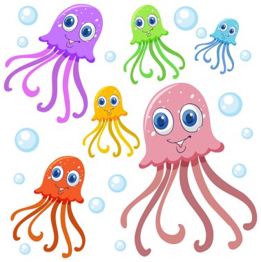 Okyanusta kabarcıklar arasında yüzen canlı denizanaları.