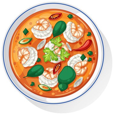 Karides, bitki ve baharatlı canlı Asya deniz ürünleri çorbasının rengarenk vektör tarzında tepeden tırnağa görüntüsü