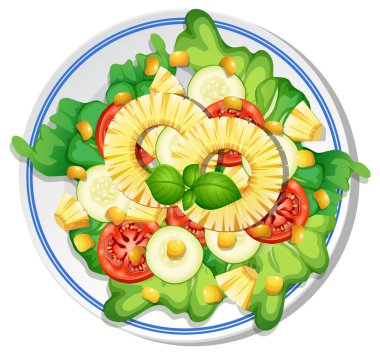 Beyaz bir tabakta ananas, marul, domates ve salatalıklı tropikal bir salatanın renkli vektör çizimi