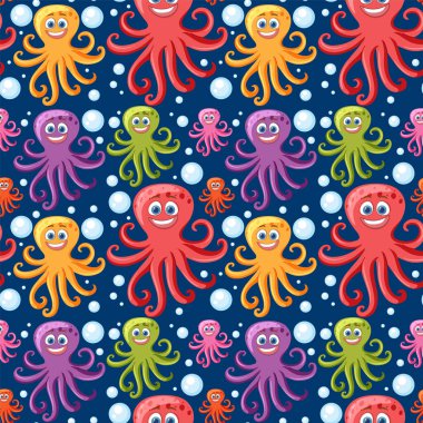 Mavi arka planda kabarcıkları olan canlı ahtapotlar.