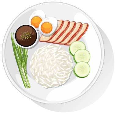 Pirinç, yumurta ve sebzeli geleneksel Asya yemeğinin vektör çizimi. Temiz çizgiler ve canlı renkler bileşimi güçlendirir