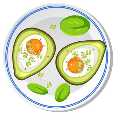 Avokado yarımlarının vektör çizimi. Tabakta yumurta ve yeşillikler. Parlak renkler ve temiz çizgiler yeni bir görünüm yaratır.