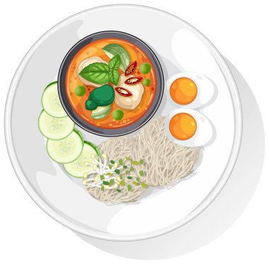 Beyaz bir tabakta canlı malzemeler ve detaylı kompozisyon içeren geleneksel Asya erişte yemeğinin renkli vektör çizimi