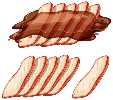 Zengin ve parlak soslu dilimlenmiş Asya yemeklerinin vektör çizimi. Canlı renkler ve temiz, modern bir tarz.