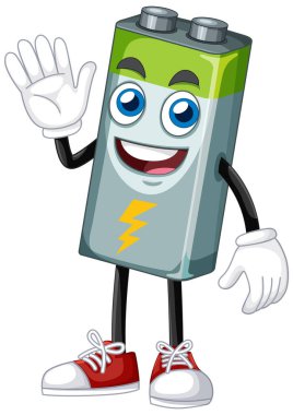 Canlı bir pil karakteri, anlamlı gözleri ve canlı bir çizgi film tarzında tasarlanmış dost bir dalgası var.