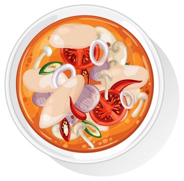 Beyaz kasede mantarlı, domatesli ve baharatlı Tayland çorbasının renkli bir temsili.